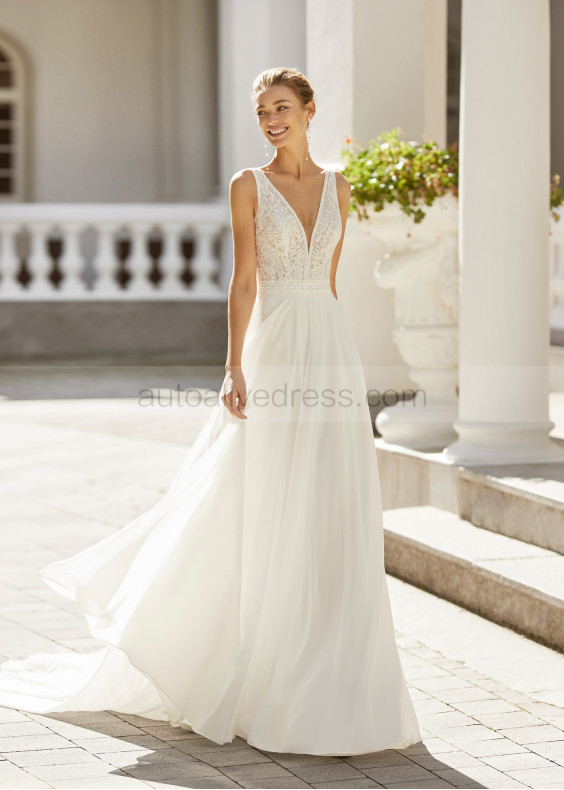 Ivory Lace Chiffon Chic Flowing Wedding Dress